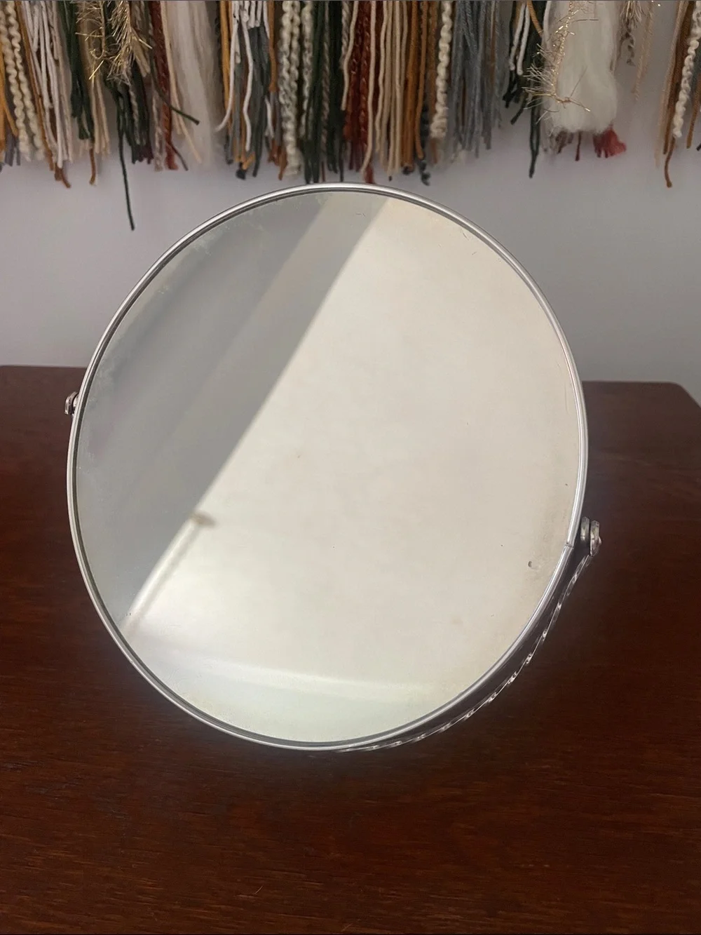 Silver Round Table Mirror with Foldable Stand Vintage